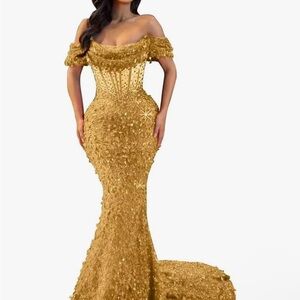 Elegant Gold Off-Shoulder Evening Gown